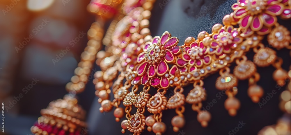 Wall mural closeup of a beautiful and ornate gold necklace with pink and red flower accents. the necklace is a 