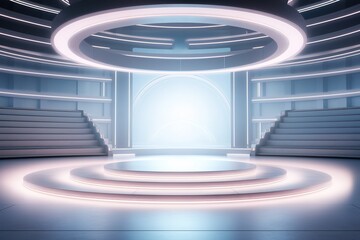 Obraz premium Futuristic stage with glowing platform in modern interior.