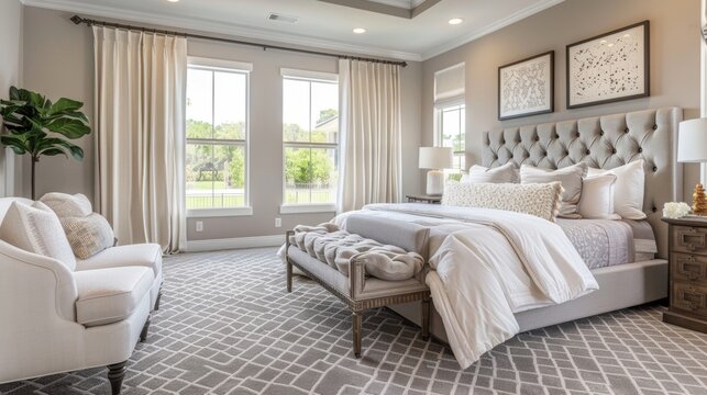 A spacious master suite with a soft grey carpet featuring a subtle diamond pattern creating a serene and inviting atmosphere.