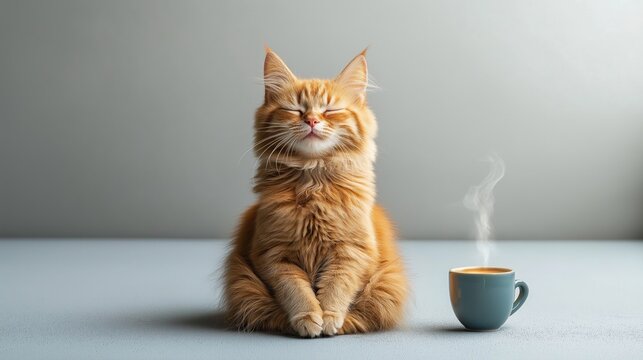 A cute ginger cat sits with his eyes closed in a meditative pose, with a cup of tea in front of him, evoking a feeling of calm and warmth