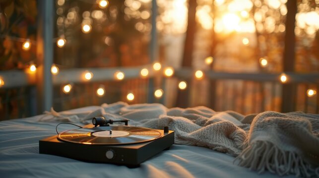 A cozy scene featuring a record player on a soft bed, illuminated by warm string lights and a beautiful sunset.