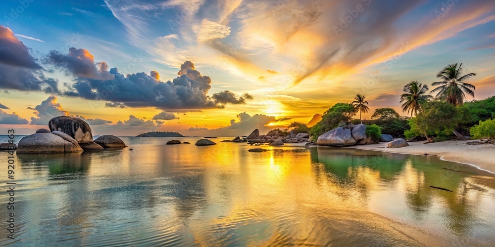 Poster Beautiful sunset over the famous Tanjung Tinggi beach in Belitung, Indonesia , beach, dusk, horizon, seascape