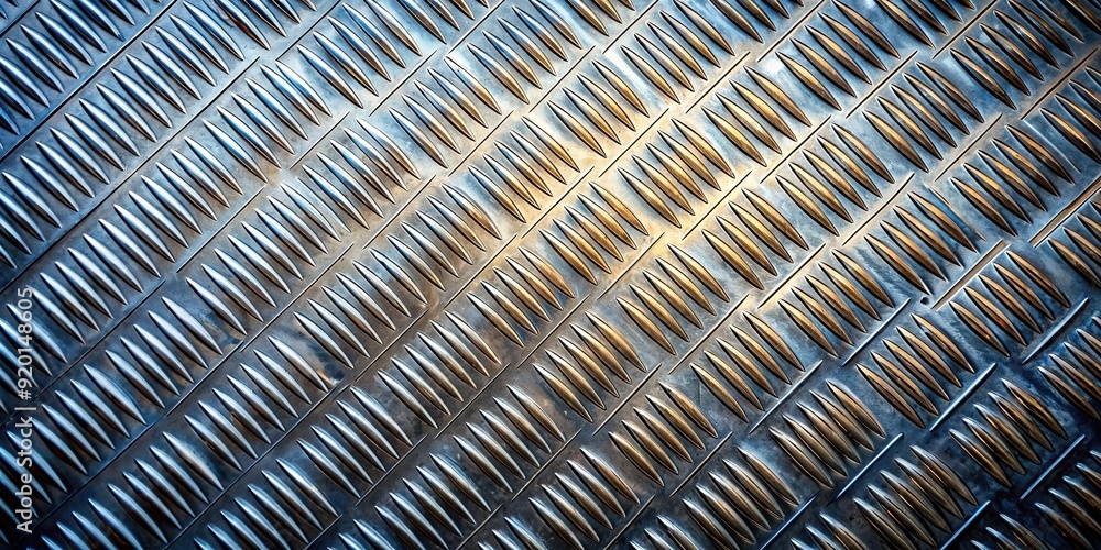 Poster Close-up photo of textured metal surface, metallic, shiny, industrial, silver, steel, pattern, abstract, background, rough