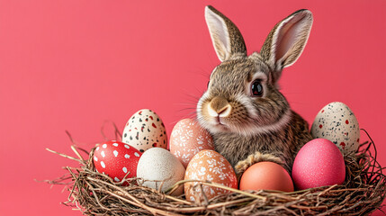 rabbit nestled in a cozy nest surrounded by colorful painted Easter eggs. The scene symbolizes the joy of Easter, new beginnings, and the innocence of springtime traditions