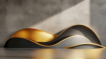 Fototapeta premium Abstract sculpture with smooth, curved forms in black and gold, illuminated by soft lighting, creating a luxurious and artistic centerpiece, ideal for modern or architectural themes.