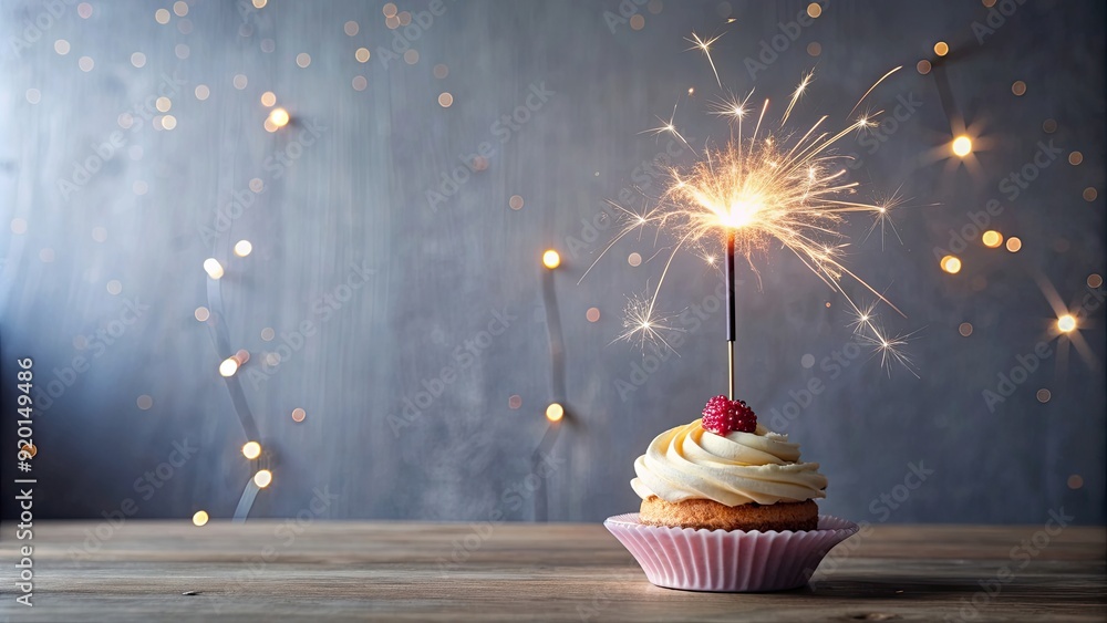 Poster Small birthday cake with sparkler , celebration, dessert, candle, party, sweet, mini, baking, decoration, festive, edible