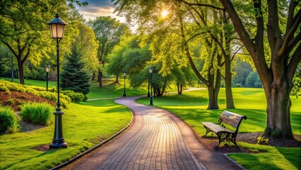 Obraz premium A peaceful walking path winding through a beautiful park , serene, nature, trail, greenery, outdoors, scenery, leisure