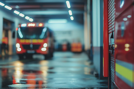 Blurred fire station background.