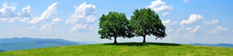 Fototapeta premium Two trees stand on a grassy hill against a blue sky with white clouds. A serene and peaceful landscape.