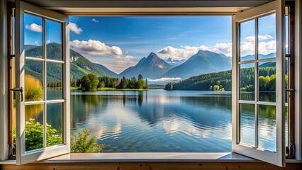 Lake and mountains view from open window in summer, perfect for a cozy and tranquil vacation getaway , travel, nature