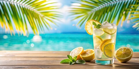 Obraz premium Summer fresh cocktail lemonade in glass with ice and lemon on sea turquoise blue water background with palms , summer, cocktail, lemonade