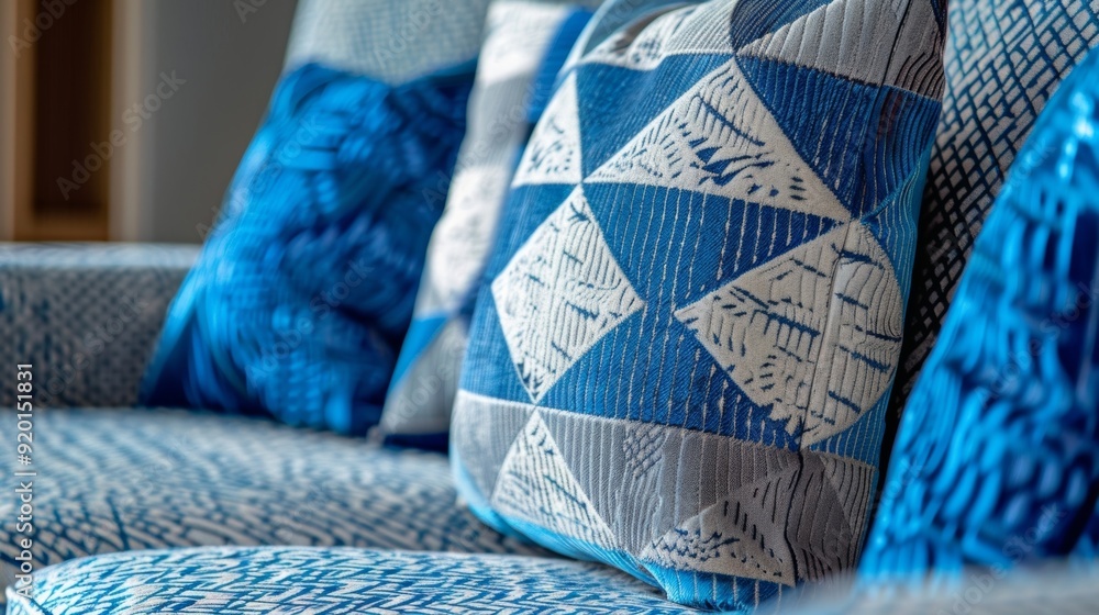Poster a bold and eyecatching sofa with a textured geometric pattern in shades of blue and grey making a st