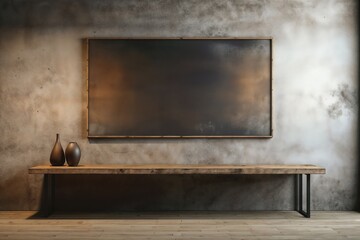 Minimalist Modern Interior with Wooden Table and Blackboard on Concrete Wall