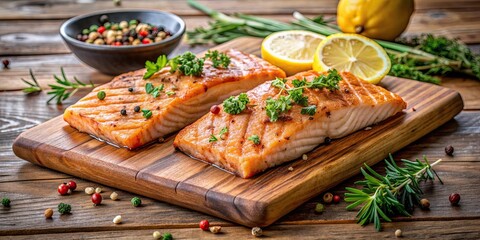 Fototapeta premium Grilled salmon fillets topped with lemon, herbs, and spices on a wooden board, grilled, salmon, fillets, lemon, herbs, spices