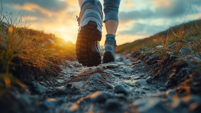 hiking boots on rugged terrain, highlighting the grip and durability. The scene captures the essence of adventure, resilience, and exploration, emphasizing the connection between man and nature