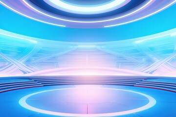 Futuristic circular room with a glowing stage.