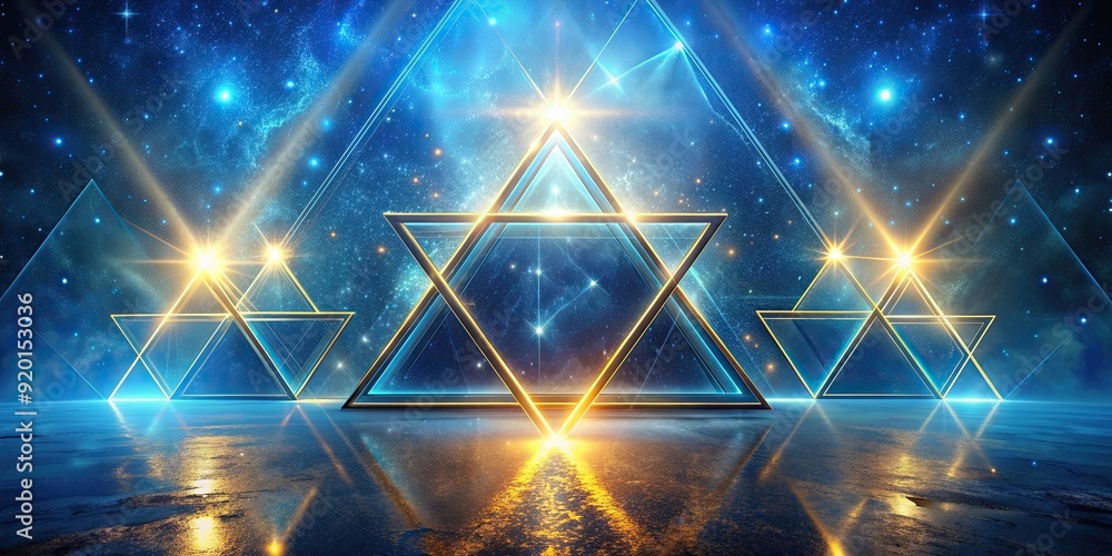 Poster Ethereal artwork with illuminated triangles in cosmic blue and gold setting, creating mystical atmosphere , abstract, ethereal