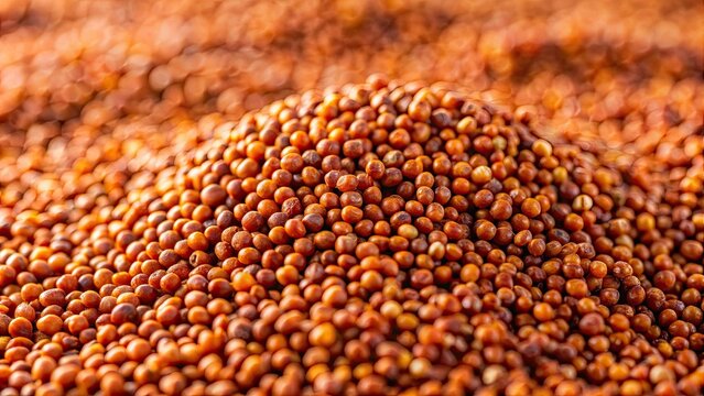 Close-up of ripe finger millet grains, also known as Ragi, Madua, or Kodo