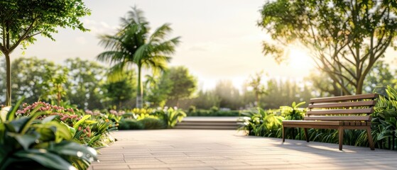 Obraz premium A serene garden scene with lush greenery, sunlight streaming through trees, and a peaceful wooden bench inviting relaxation.