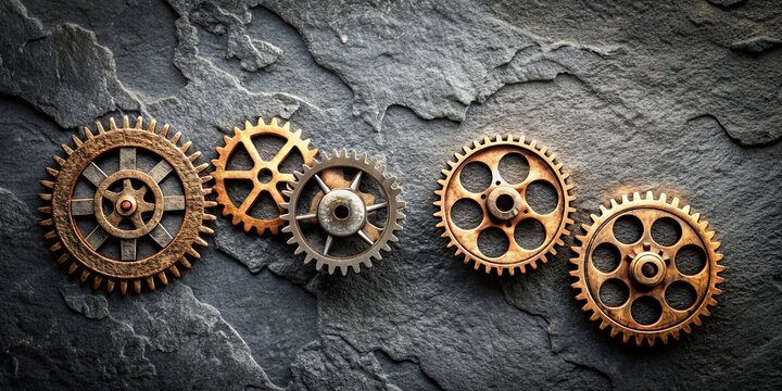 Vier Zahnr?der auf grauen Steinbrocken im Steampunk-Stil, Steampunk, gears, industrial, machinery, technology