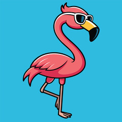 Cartoon cute little Flamingo with sun glasses on sky blue background