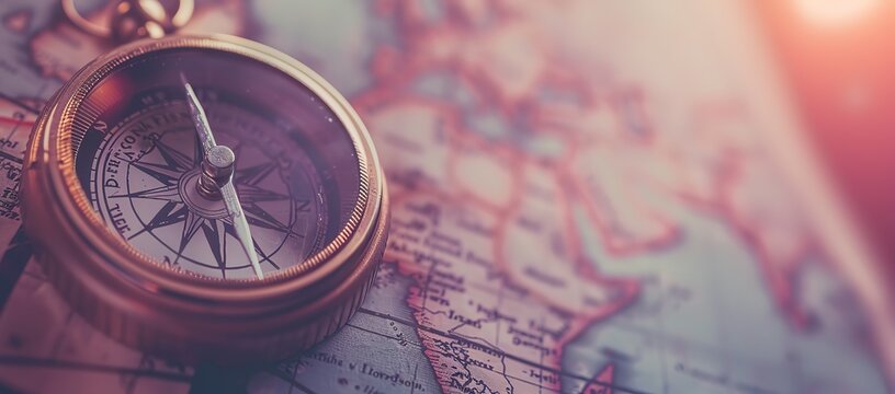 A vintage compass resting on a world map, symbolizing exploration and travel.  The golden compass needle points towards the north, suggesting direction and purpose.