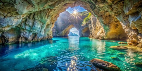 Majestic turquoise illuminated sea cave dazzles with an otherworldly glow, refracting sunlight through crystal-clear waters, surrounded by ancient limestone formations in serene Capri Island setting.