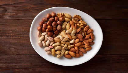 Plato cargado de frutos secos sobre mesa de madera