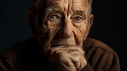 Obraz premium Close-up portrait of an older man with a thoughtful expression, shadowed face highlighting texture, dramatic black background.