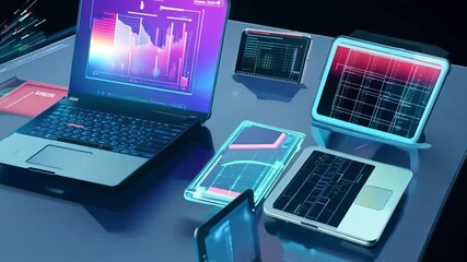 A futuristic laptop displaying data on a sleek table with holographic interfaces. - Powered by Adobe