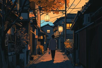 Obraz premium A person walking down a quiet street holding a coffee cup under streetlamps The scene has a cozy vibe, Generative AI