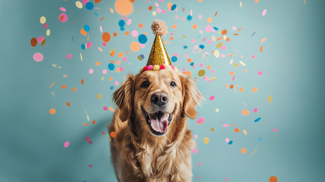 Happy golden retriever dog wearing a party hat with falling confetti, celebrating at a birthday part