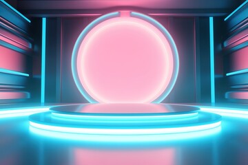 Futuristic glowing platform with pink and blue neon lights.