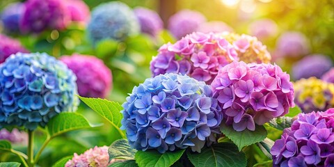 Fototapeta premium Vibrant hydrangea flowers in full bloom, hydrangea, plant, garden, botanical, colorful, nature, floral, petals, summer, bloom, bouquet