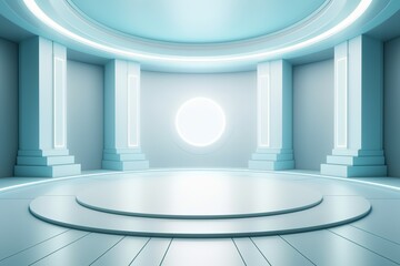 Futuristic blue circular room with glowing lights.