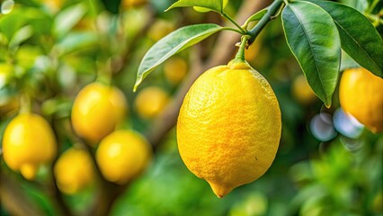 Close up of yellow citrus lemon fruit and green leaves on a tree branch in a garden , Meyer lemon, Citrus Limon, garden