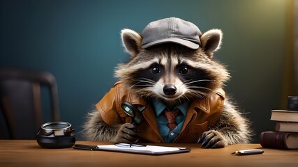 Funny curious detective raccoon with a magnifying glass