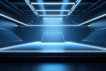 Futuristic blue stage with neon lights and steps.