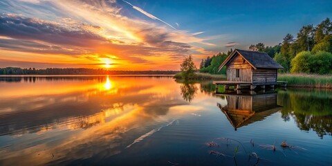 Fototapeta premium Sunset over a tranquil lake with a rustic hut on the bank and the reflection of the sunset in the water, sunset, lake, hut