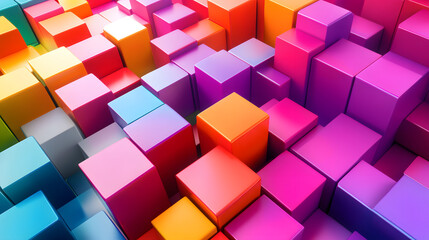 Colorful abstract background with 3D cubes in various colors and shapes, featuring a geometric design with reflections