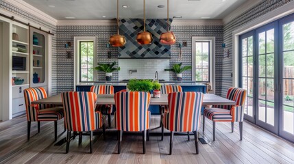 An edgy dining room with striped chairs in bold colors contrasted by a geometric patterned wallpaper and industrialinspired lighting.