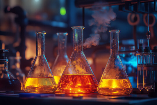 Close up shot chemical flask with substance, Chemistry class concept.