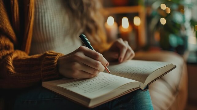 Cozy Evening Writing in Journal by Candlelight with Warm Sweater and Soft Lighting
