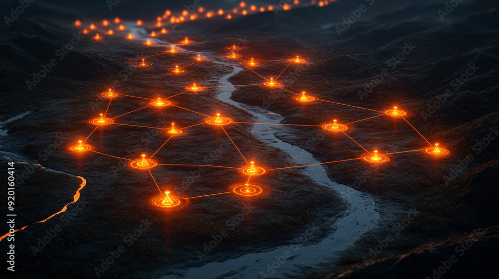 Poster social network illustration with interconnected dots symbolizing community connections, unity, and c