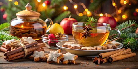 Fototapeta premium Christmas cookies, tea, and nuts spread out on a table with spa-like setting and aromatic oils, cinnamon