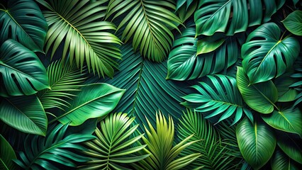 Fototapeta premium Abstract tropical leaves texture background, featuring vibrant green foliage, tropical, leaves, green, nature, abstract