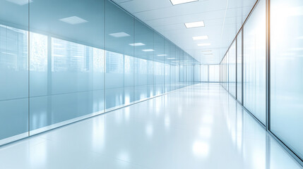 modern office walls of a business building, highlighting sleek glass and metal structures. The sun's rays create a dynamic contrast between the architecture and natural light