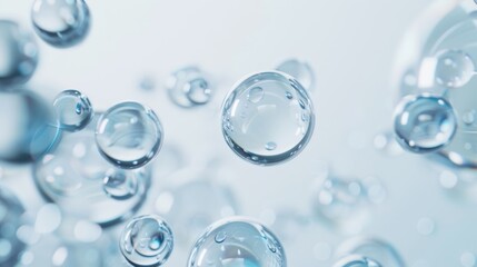 Close-up image of floating water bubbles on a light background, creating a serene and refreshing atmosphere.