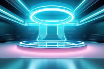 Futuristic room with neon lights and a circular platform.