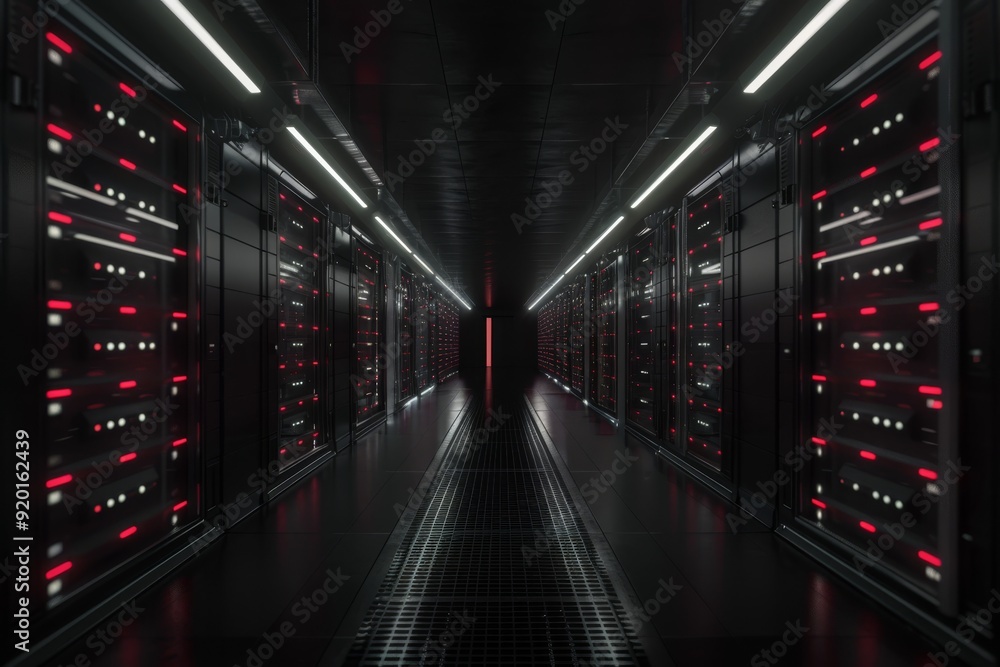 Poster a stunning futuristic perspective of a sprawling data center showcasing numerous server racks and il